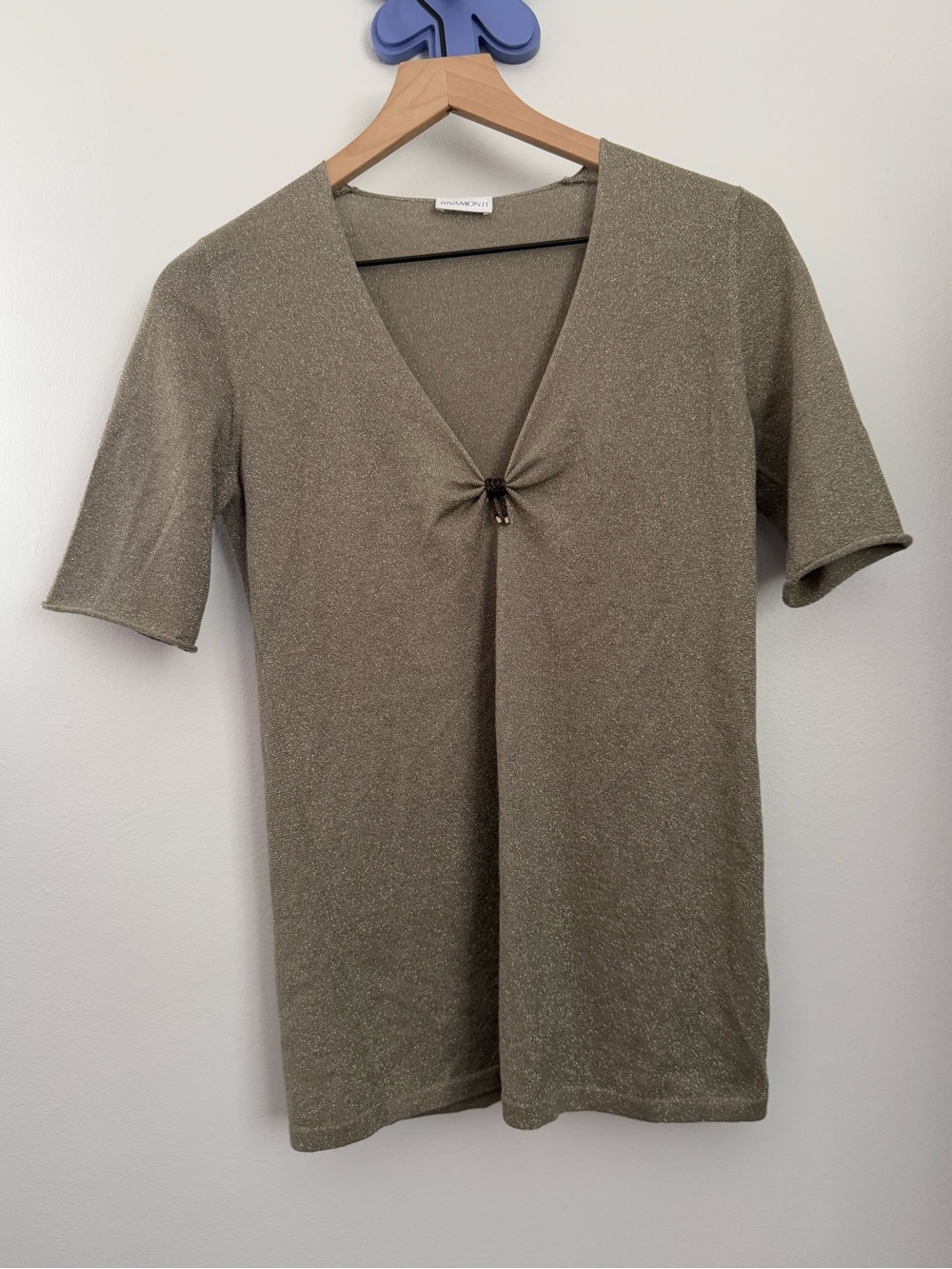 Rivamonti Small Blouse V Neck Ruch Metallic Wool Silk Taupe Shimmer Evening